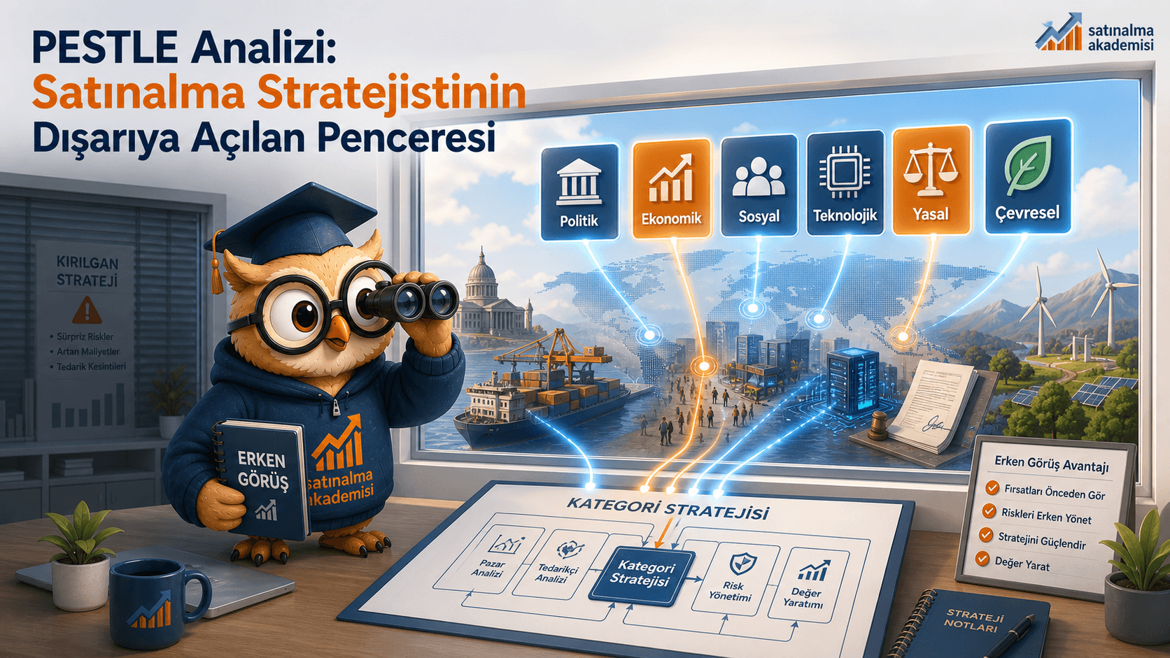 Proc karakteri PESTLE penceresinden politik, ekonomik, sosyal, teknolojik, yasal ve çevresel sinyalleri izleyerek kategori stratejisini dış çevreye göre güçlendiriyor.