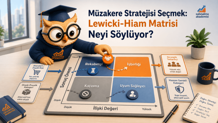 Proc karakteri Lewicki-Hiam matrisinde sonuç önemi ve ilişki değeri eksenlerine göre doğru müzakere stratejisini seçmeyi gösteriyor.
