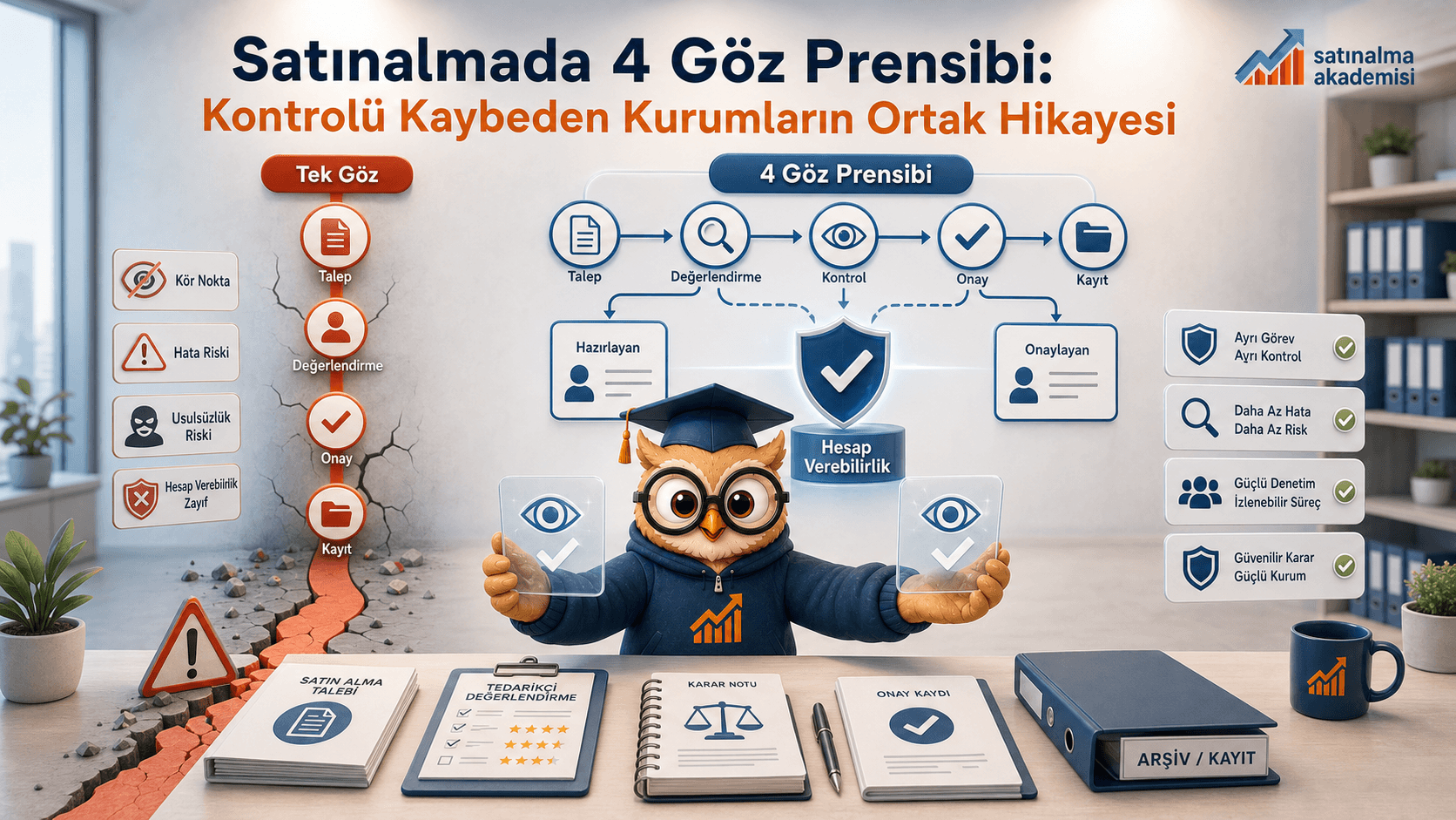 Proc karakteri satınalmada tek gözlü kırılgan karar akışını iki bağımsız kontrol ve onaydan geçen 4 göz prensibiyle karşılaştırıyor.