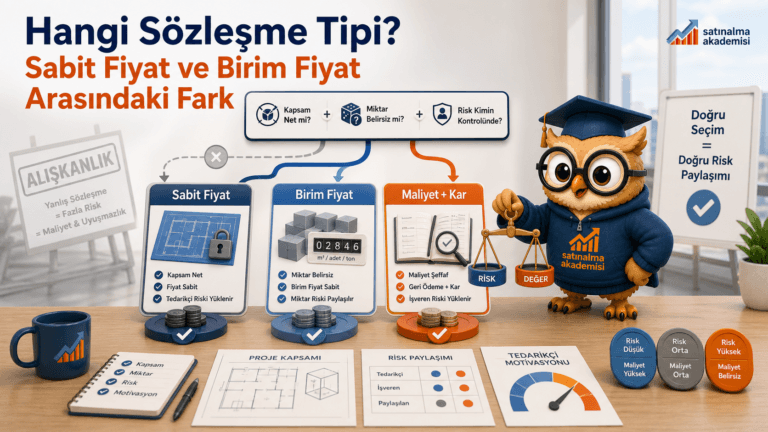 Proc karakteri sabit fiyat, birim fiyat ve maliyet artı kar sözleşme tiplerini kapsam netliği, miktar belirsizliği ve risk paylaşımına göre karşılaştırıyor.