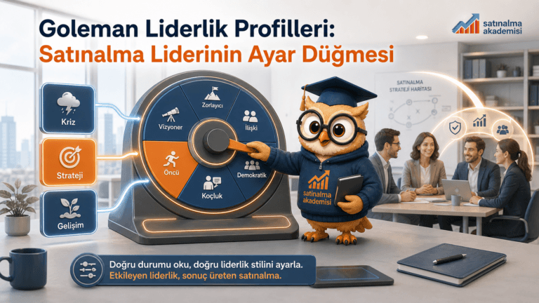 Proc karakteri satınalma liderinin kriz, strateji ve gelişim durumlarına göre liderlik tarzı ayar düğmesini değiştirmesini gösteriyor.