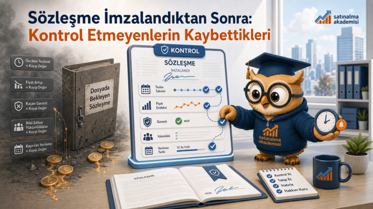 Proc karakteri imzalanmış sözleşmede teslim takvimi, fiyat endeksi, garanti, yükümlülük ve yenileme tarihi kontrollerini takip ediyor.