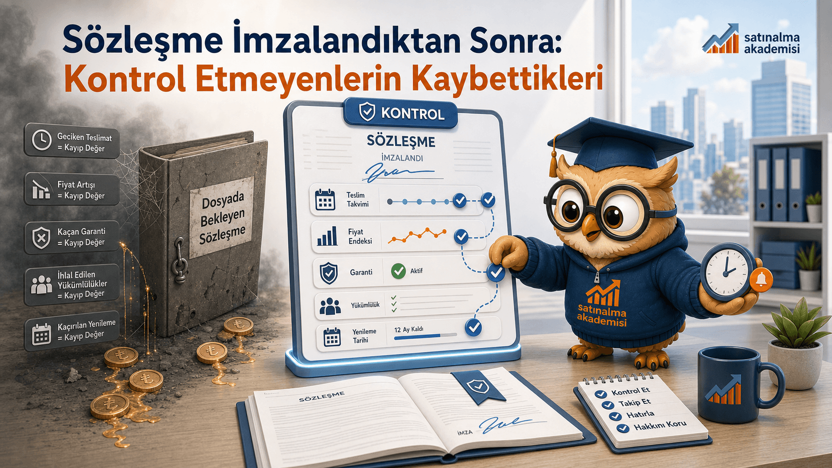 Proc karakteri imzalanmış sözleşmede teslim takvimi, fiyat endeksi, garanti, yükümlülük ve yenileme tarihi kontrollerini takip ediyor.