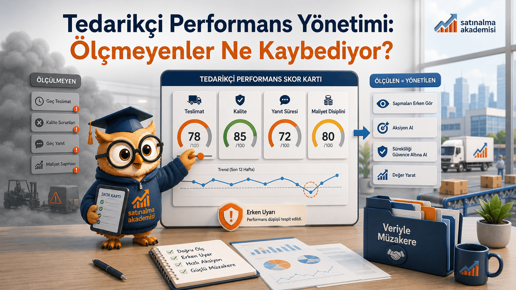 Proc karakteri tedarikçi performans skor kartında teslimat, kalite, yanıt süresi ve maliyet disiplini göstergelerini izleyerek sapmaları erken görünür hale getiriyor.