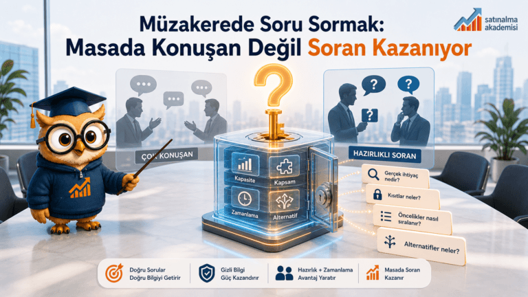 Proc karakteri müzakere masasında doğru soruların kapasite, kapsam, zamanlama ve alternatif bilgilerini ortaya çıkardığını gösteriyor.