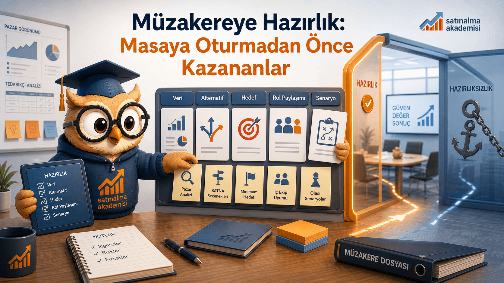 Proc karakteri müzakere öncesinde veri, alternatif, hedef, rol paylaşımı ve senaryo hazırlığını düzenleyerek güçlü bir müzakere zemini kuruyor.