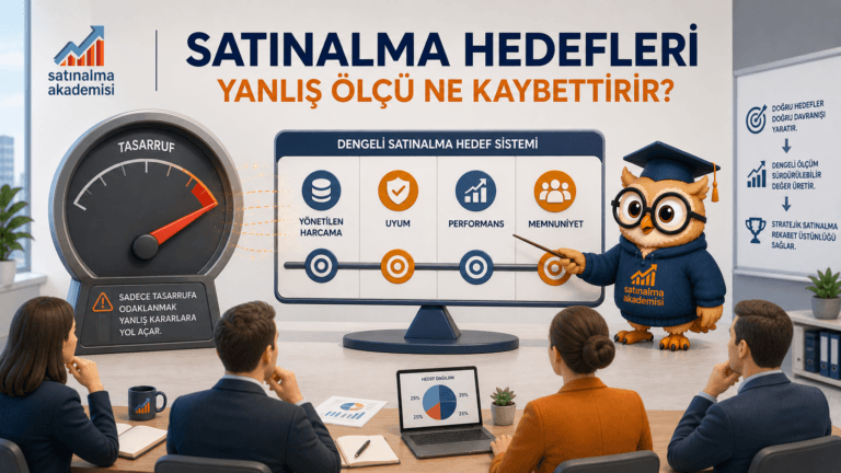 Proc karakterinin satınalma hedeflerinde yalnızca tasarrufa odaklanmak yerine dengeli ölçüm sistemini anlattığı illüstrasyon
