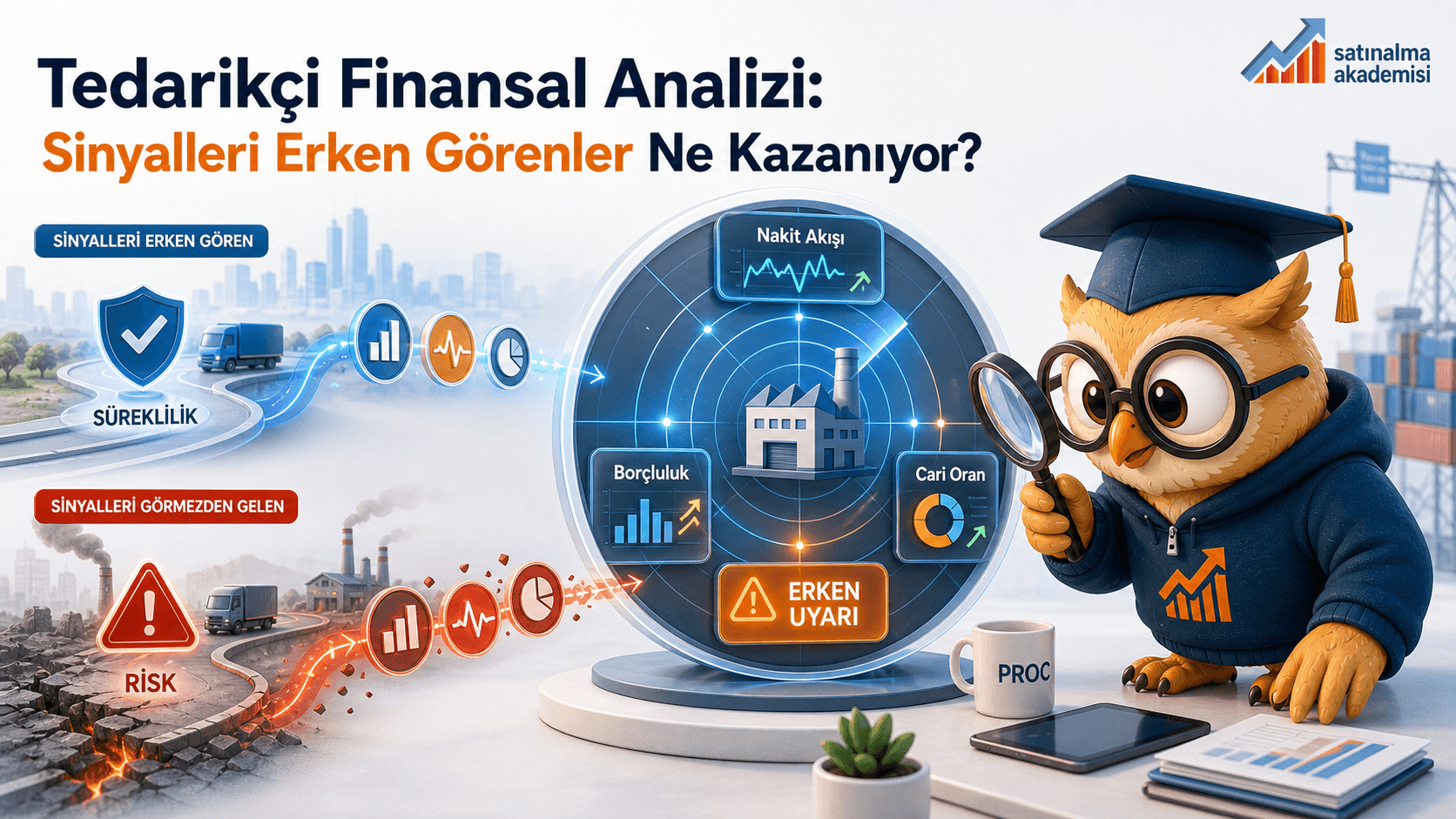 Proc karakteri tedarikçi finansal analizinde nakit akışı, borçluluk ve cari oran sinyallerini erken uyarı radarıyla izliyor.
