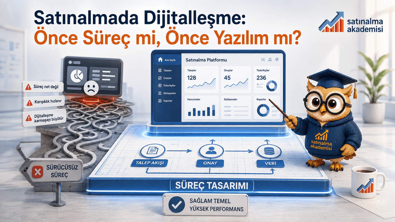 Proc karakterinin satınalmada dijitalleşme için yazılımdan önce süreç tasarımının temel olması gerektiğini anlattığı illüstrasyon