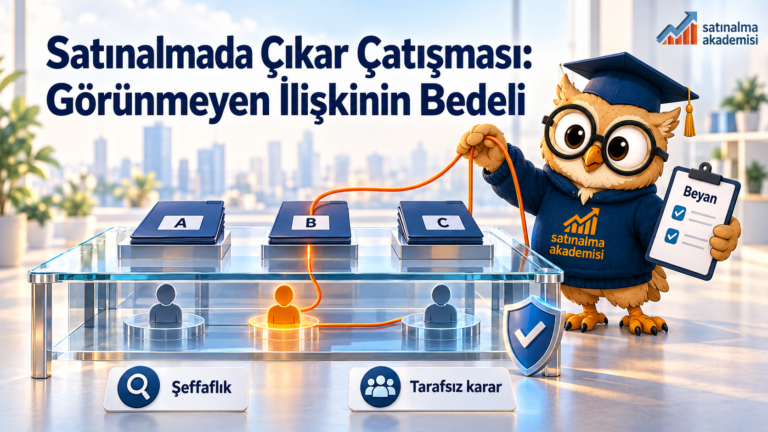 Proc, şeffaf değerlendirme masasındaki teklif dosyaları ile kişi simgelerini bağlayan turuncu bağı gösteriyor ve beyan panosunu tutuyor.
